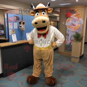 Tan Guernsey Cow mascot costume character dressed with a Dress Pants and Headbands