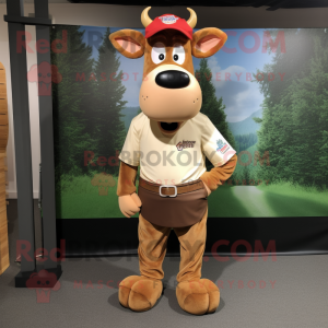 Tan Guernsey Cow mascot costume character dressed with a Dress Pants and Headbands