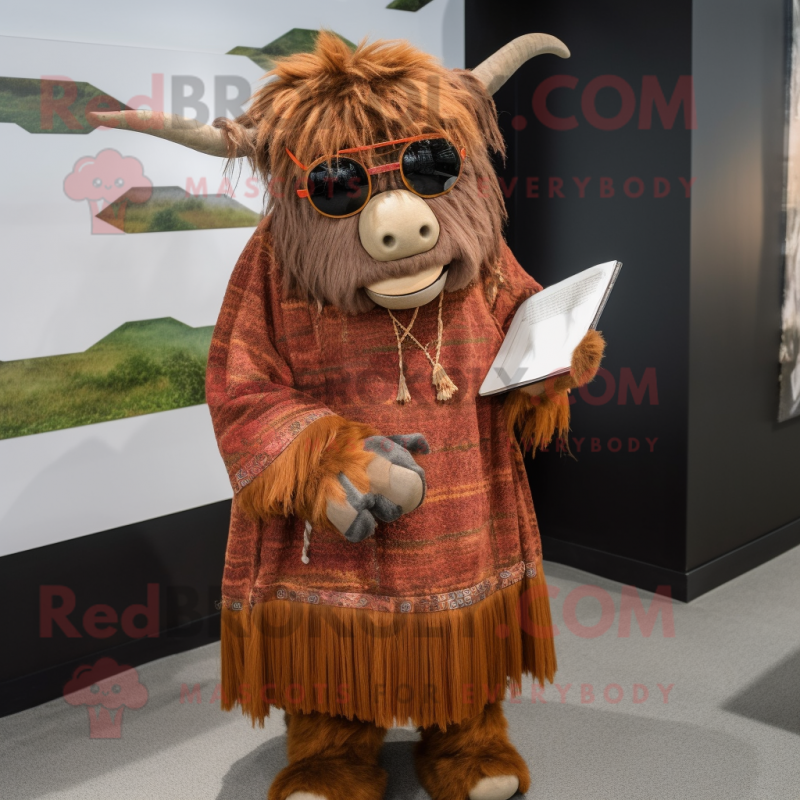 Rust Yak mascot costume character dressed with a Wrap Dress and Reading glasses