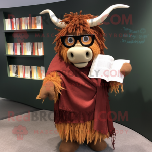 Rust Yak mascot costume character dressed with a Wrap Dress and Reading glasses