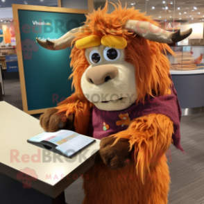 Rust Yak mascot costume character dressed with a Wrap Dress and Reading glasses