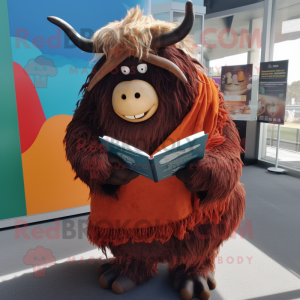 Rust Yak mascot costume character dressed with a Wrap Dress and Reading glasses