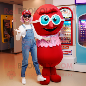 Red Gumball Machine mascot costume character dressed with a Mom Jeans and Sunglasses