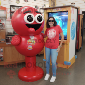Red Gumball Machine mascot costume character dressed with a Mom Jeans and Sunglasses
