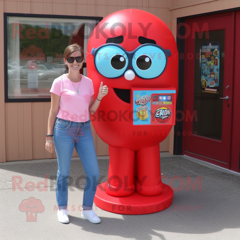 Red Gumball Machine mascot costume character dressed with a Mom Jeans and Sunglasses