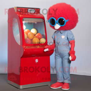 Red Gumball Machine mascot costume character dressed with a Mom Jeans and Sunglasses