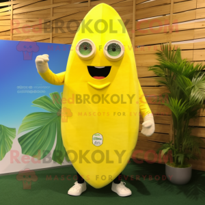 Lemon Yellow Beet mascot costume character dressed with a Board Shorts and Foot pads