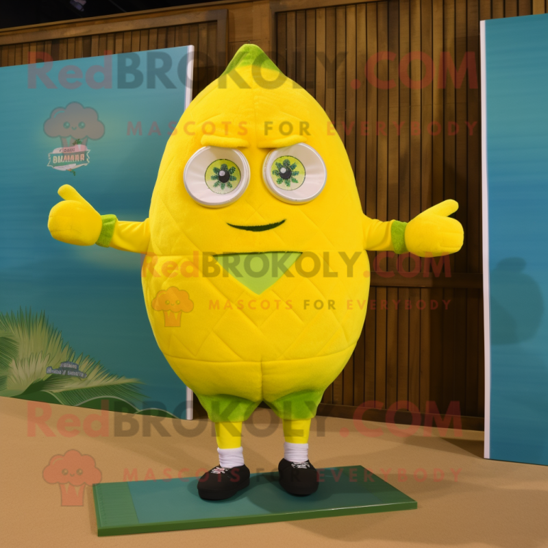 Lemon Yellow Beet mascot costume character dressed with a Board Shorts and Foot pads