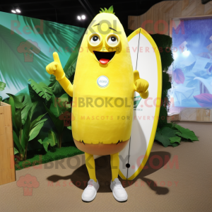 Lemon Yellow Beet mascot costume character dressed with a Board Shorts and Foot pads