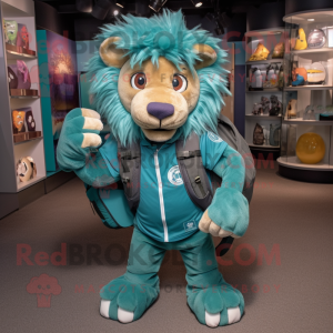 Teal Tamer Lion mascot costume character dressed with a Graphic Tee and Backpacks