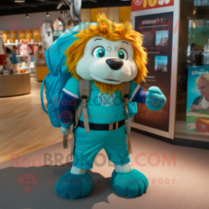 Teal Tamer Lion mascot costume character dressed with a Graphic Tee and Backpacks