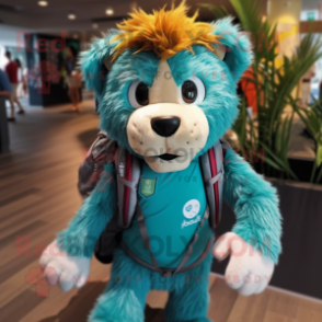 Teal Tamer Lion mascot costume character dressed with a Graphic Tee and Backpacks