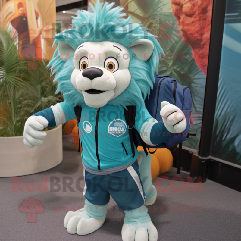 Teal Tamer Lion mascot costume character dressed with a Graphic Tee and Backpacks