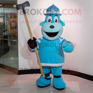 Cyan Ice Hockey Stick mascot costume character dressed with a Vest and Hats