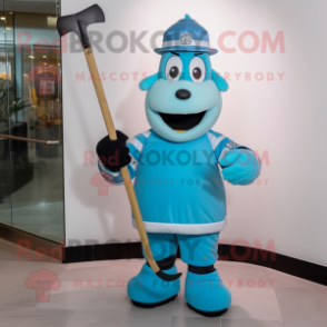 Cyan Ice Hockey Stick mascot costume character dressed with a Vest and Hats