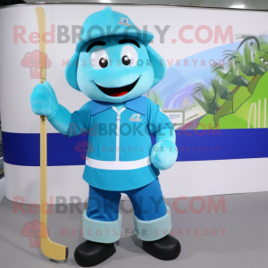 Cyan Ice Hockey Stick mascot costume character dressed with a Vest and Hats