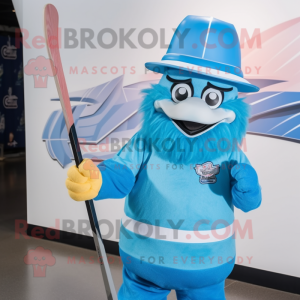 Cyan Ice Hockey Stick mascot costume character dressed with a Vest and Hats