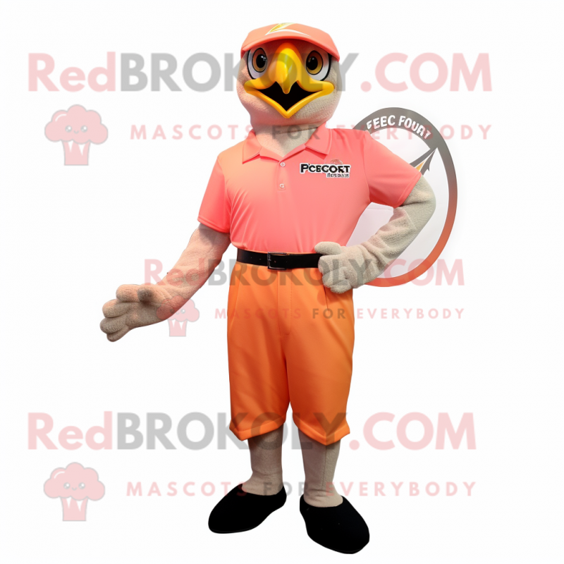 Peach Falcon mascot costume character dressed with a Playsuit and Shoe clips