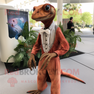 Rust Dimorphodon mascot costume character dressed with a Maxi Dress and Tie pins