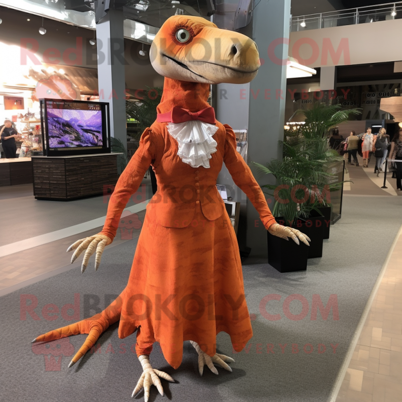 Rust Dimorphodon mascot costume character dressed with a Maxi Dress and Tie pins