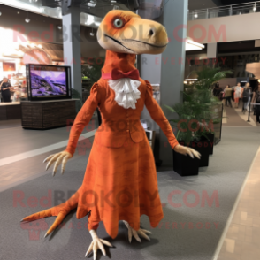 Rust Dimorphodon mascot costume character dressed with a Maxi Dress and Tie pins