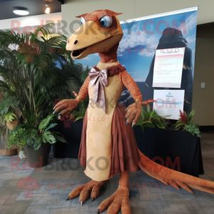 Rust Dimorphodon mascot costume character dressed with a Maxi Dress and Tie pins