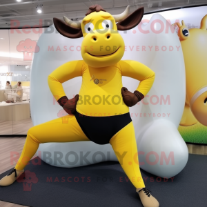 Yellow Bull mascot costume character dressed with a Yoga Pants and Belts