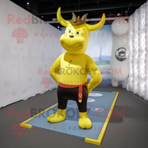 Yellow Bull mascot costume character dressed with a Yoga Pants and Belts