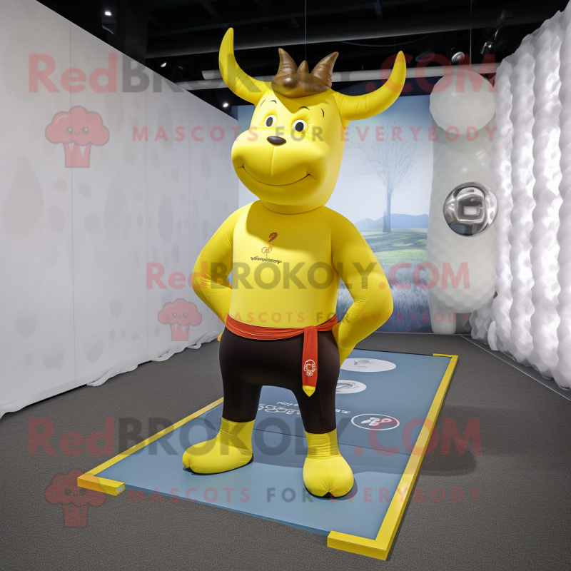 Yellow Bull mascot costume character dressed with a Yoga Pants and Belts Yellow Bull mascot costume character dressed with a Yoga Pants and Belts