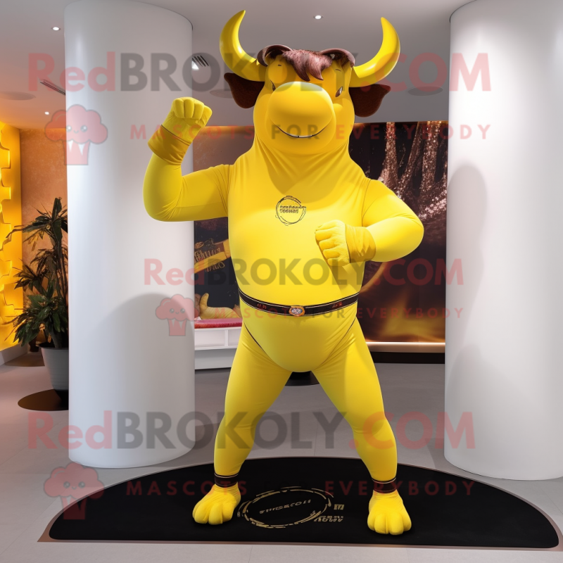 Yellow Bull mascot costume character dressed with a Yoga Pants and Belts