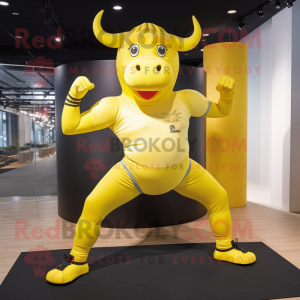 Yellow Bull mascot costume character dressed with a Yoga Pants and Belts