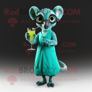 Teal Lemur mascot costume character dressed with a Cocktail Dress and Reading glasses