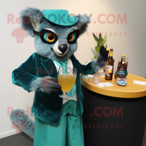 Teal Lemur mascot costume character dressed with a Cocktail Dress and Reading glasses