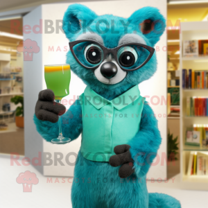 Teal Lemur mascot costume character dressed with a Cocktail Dress and Reading glasses