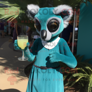 Teal Lemur mascot costume character dressed with a Cocktail Dress and Reading glasses