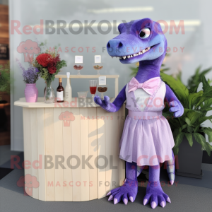 Lavender Allosaurus mascot costume character dressed with a Cocktail Dress and Reading glasses