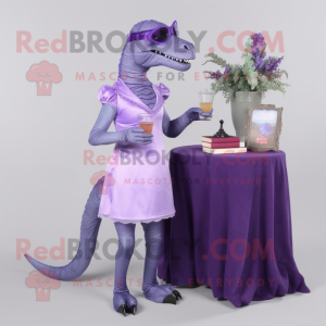 Lavender Allosaurus mascot costume character dressed with a Cocktail Dress and Reading glasses