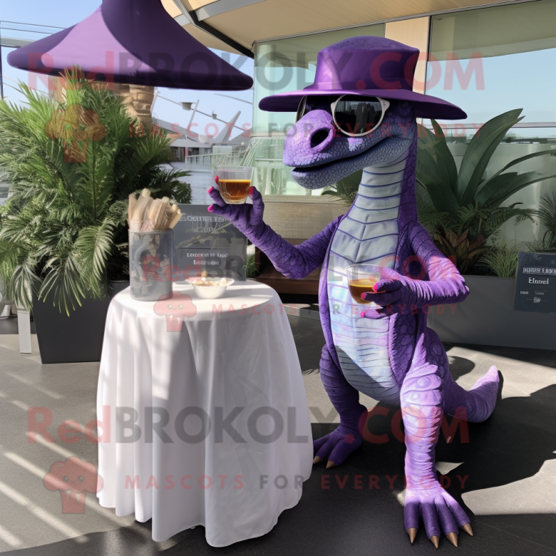 Lavender Allosaurus mascot costume character dressed with a Cocktail Dress and Reading glasses Lavender Allosaurus mascot costume character dressed with a Cocktail Dress and Reading glasses