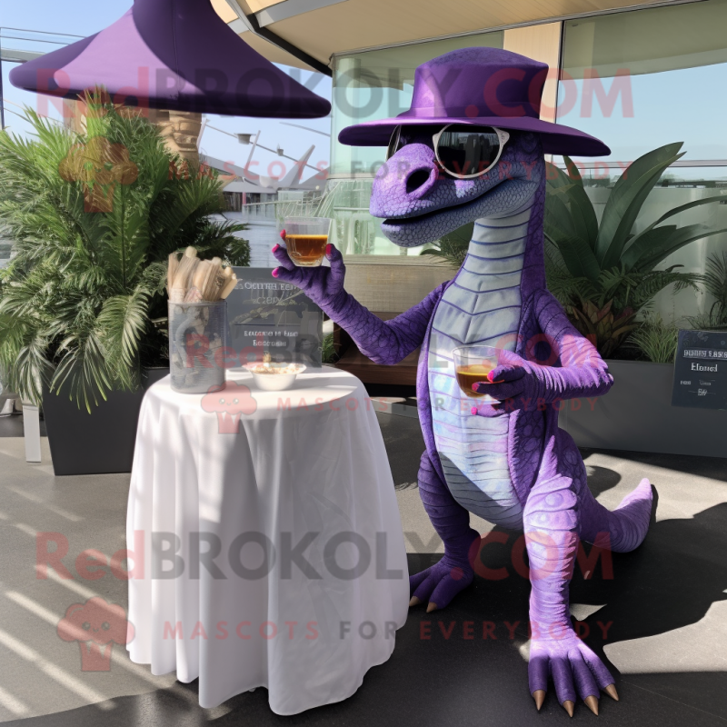 Lavender Allosaurus mascot costume character dressed with a Cocktail Dress and Reading glasses