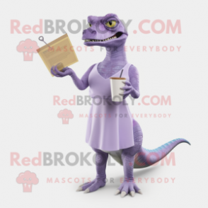 Lavender Allosaurus mascot costume character dressed with a Cocktail Dress and Reading glasses