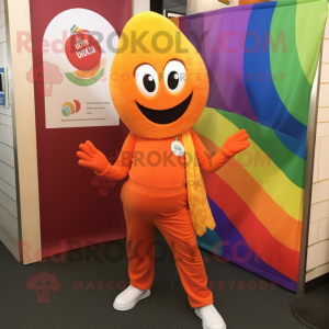 Orange Rainbow mascot costume character dressed with a Jeggings and Pocket squares