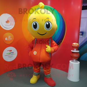 Orange Rainbow mascot costume character dressed with a Jeggings and Pocket squares