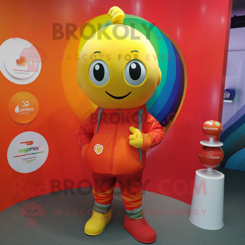 Orange Rainbow mascot costume character dressed with a Jeggings and Pocket squares