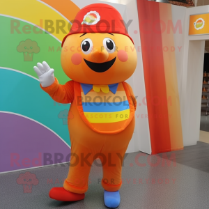 Orange Rainbow mascot costume character dressed with a Jeggings and Pocket squares