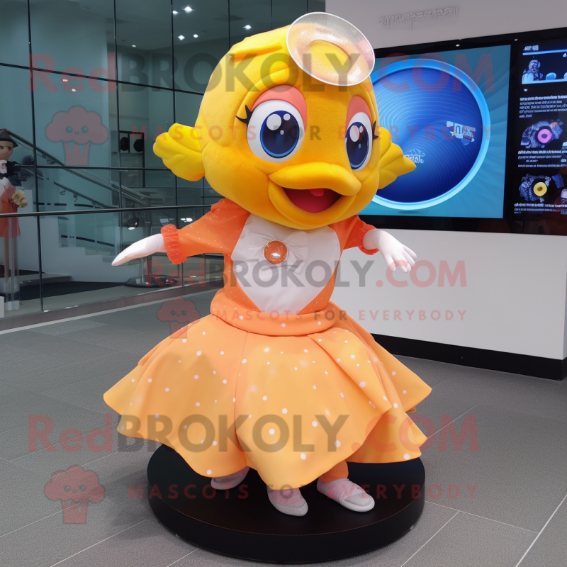 Peach Goldfish mascot costume character dressed with a Circle Skirt and Digital watches