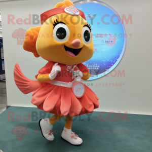 Peach Goldfish mascot costume character dressed with a Circle Skirt and Digital watches