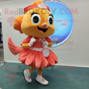 Peach Goldfish mascot costume character dressed with a Circle Skirt and Digital watches