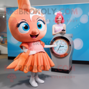 Peach Goldfish mascot costume character dressed with a Circle Skirt and Digital watches