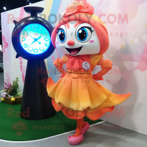 Peach Goldfish mascot costume character dressed with a Circle Skirt and Digital watches