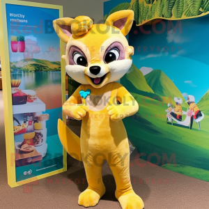 Lemon Yellow Marten mascot costume character dressed with a Bikini and Headbands